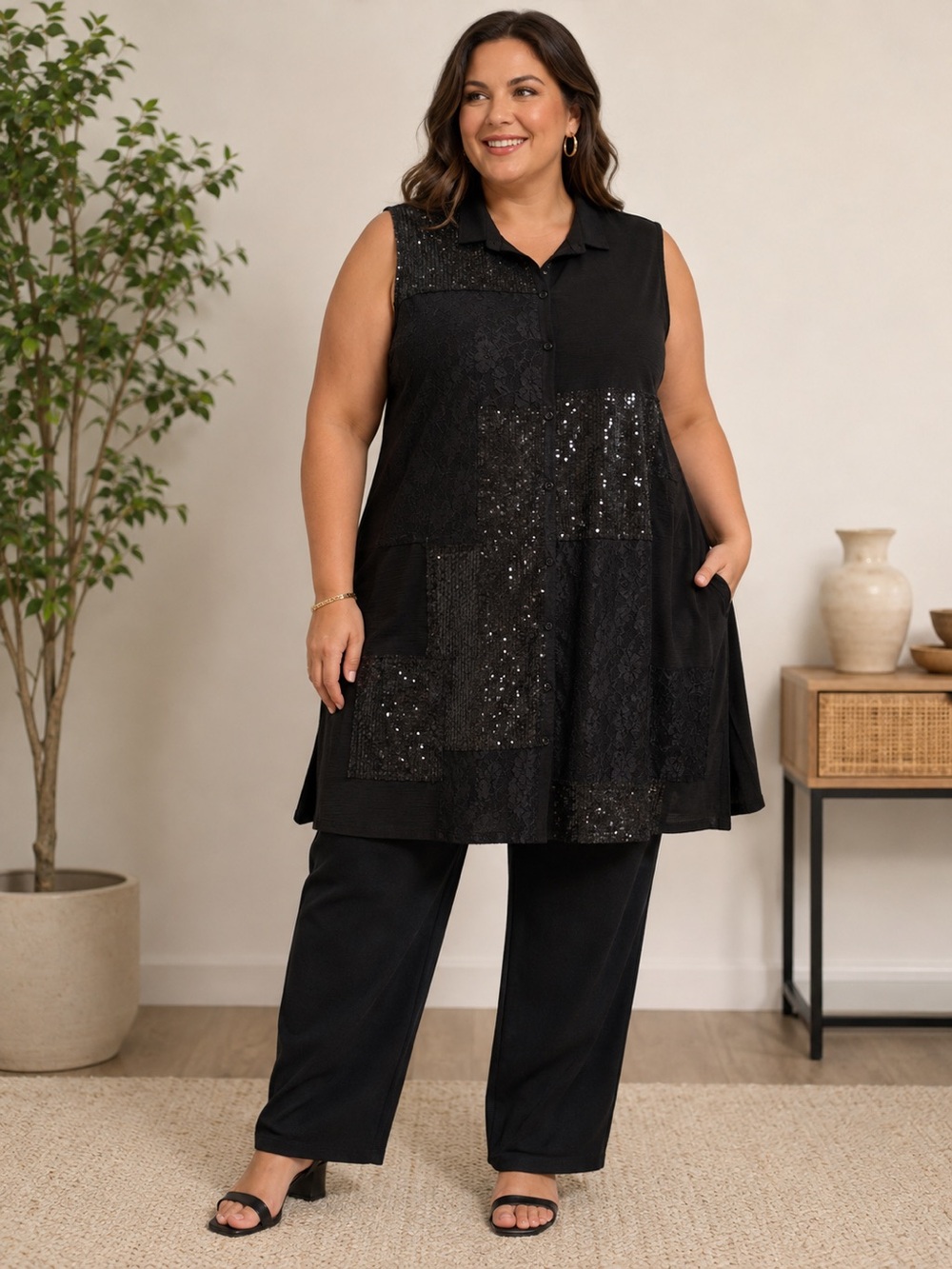 Sleeveless Black Sequin Patchwork Tunic by Originals